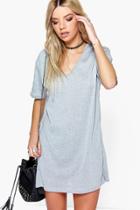 Boohoo Janie Mini V Neck Ribbed Dress Grey