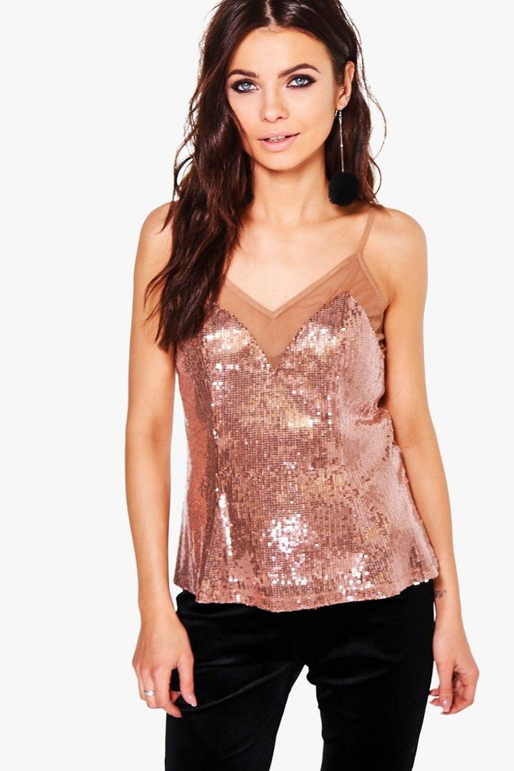 Boohoo Laura Sequin Mesh Panel Cami Gold