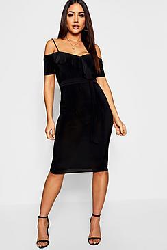 Boohoo Wrap Ruffle Cold Shoulder Midi Dress