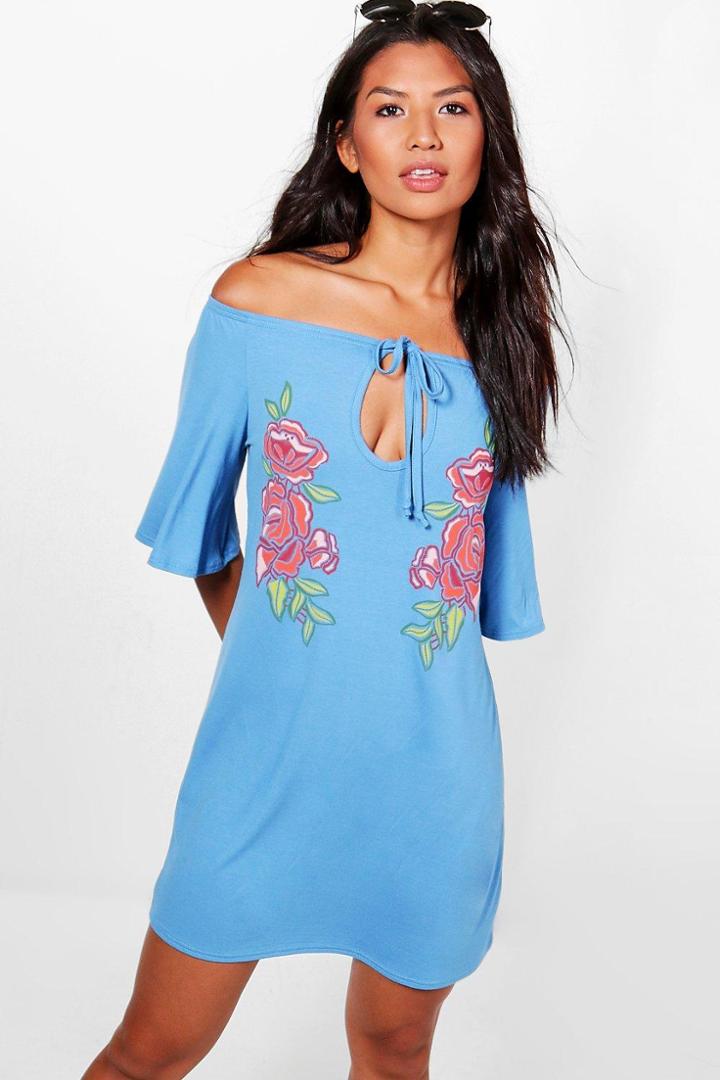 Boohoo Rosie Floral Off The Shoulder Shift Dress Bluebell