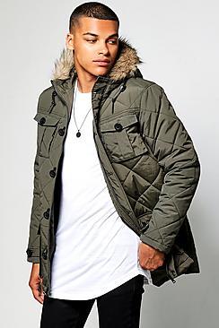 Boohoo Multi Pocket Quilted Parka With Faux Fur Hood