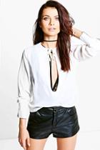 Boohoo Maya Tie Neck Plunge Blouse White