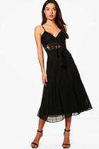 Boohoo Louise Woven Pleated Tie Waist Midi Skirt