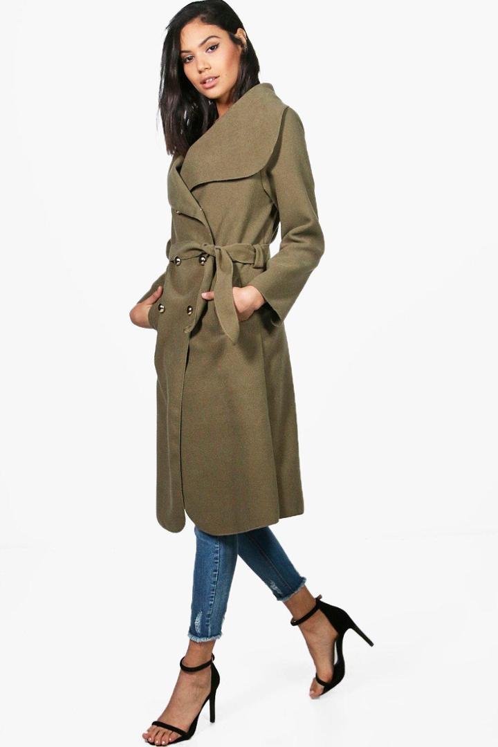 Boohoo Kate Double Breasted Belted Coat Khaki