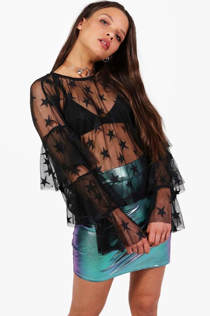 Boohoo Lexi Star Mesh Print Ruffle Top Black