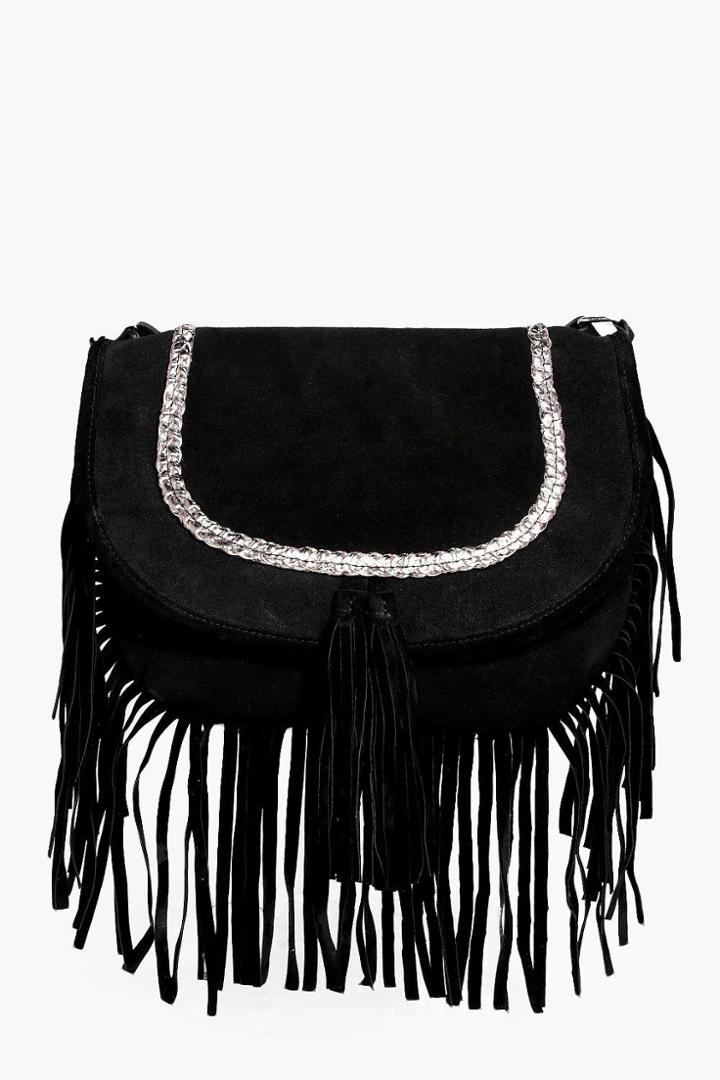 Boohoo Holly Boutique Suede Plait Cross Body Bag Black
