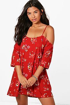 Boohoo Charlotte Cold Shoulder Red Floral Shift Dress