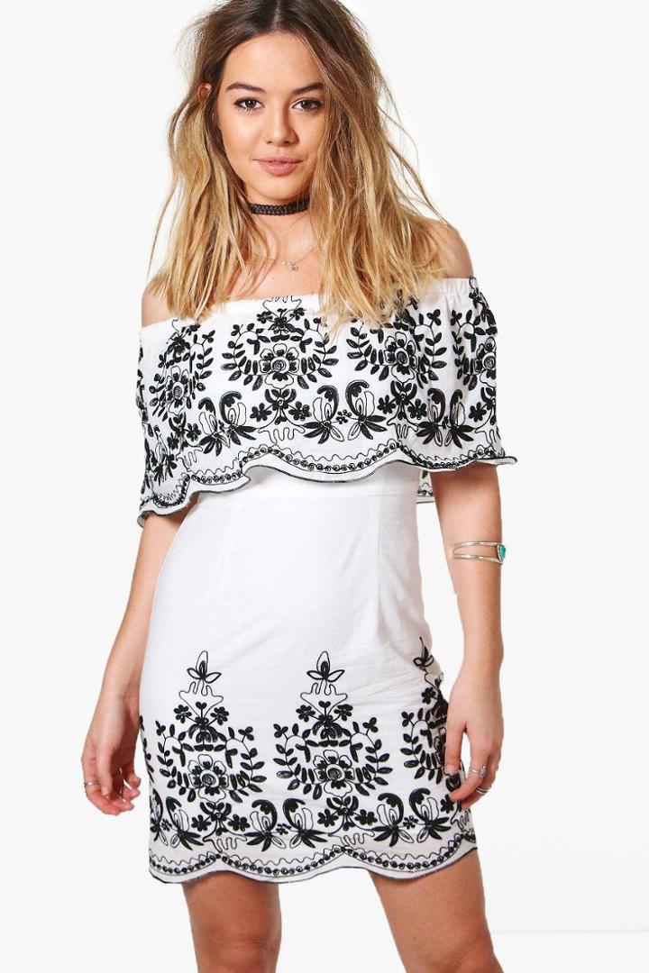 Boohoo Petite Mel Embroidered Hem Bodycon Dress Ivory