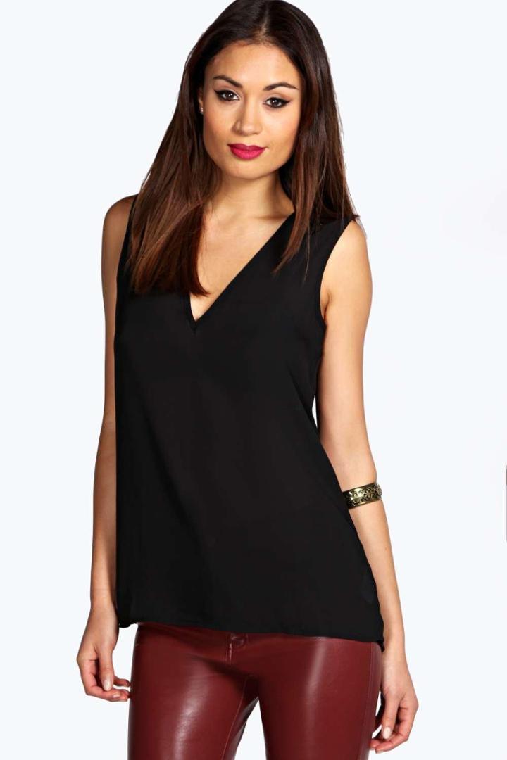 Boohoo Anna Deep V Neck Sleeveless Tank Black