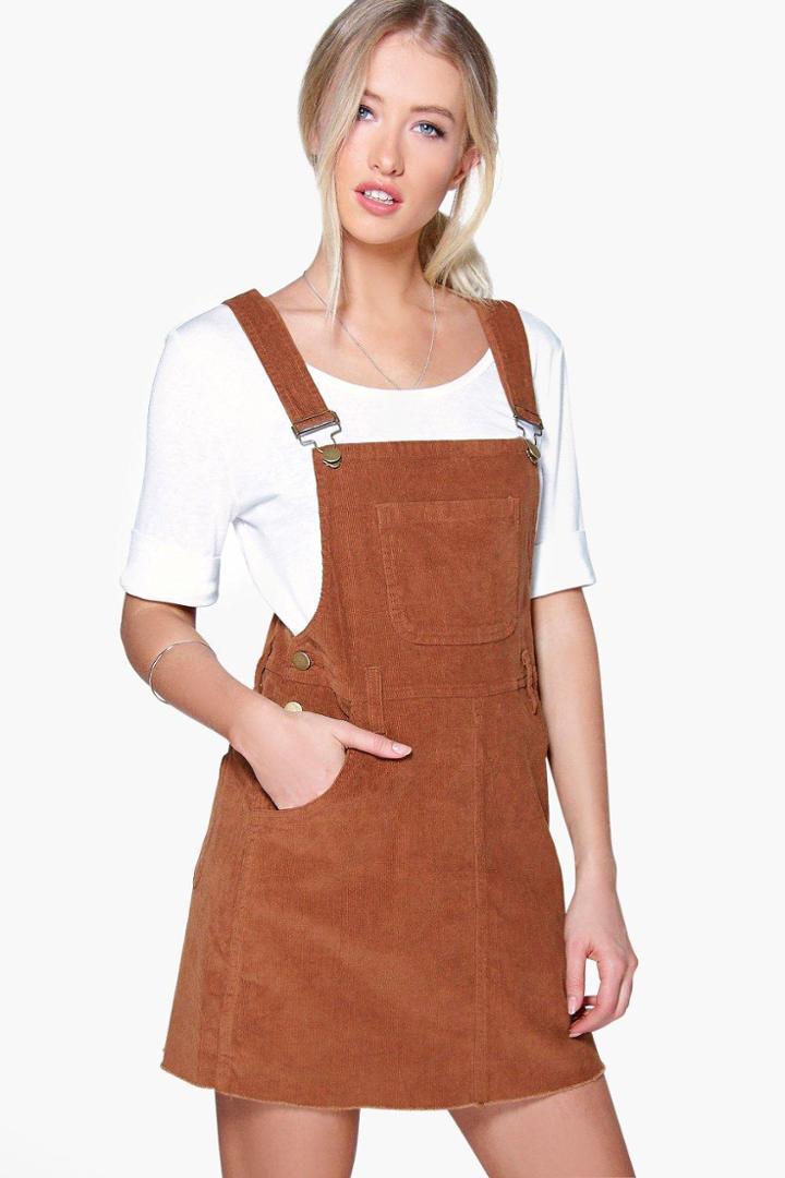 Boohoo Sasha Cord Dungaree Pinafore Dress Rust