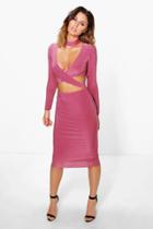 Boohoo Shay Neck Detail Cut Out Midi Bodycon Dress Rose