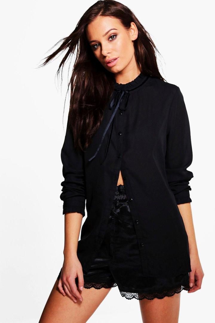 Boohoo Sophia Ruffle Tie Neck Blouse Black