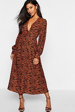 Boohoo Tiger Print Midi Shirt Dress