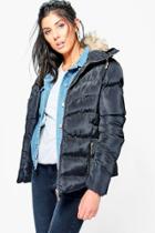 Boohoo Lottie Faux Fur Short Quilted Jacket Black