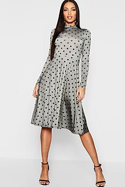 Boohoo High Neck Long Sleeve Polka Dot Midi Dress