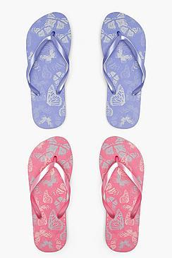Boohoo Alexis Butterfly Print Two Pack Flip Flops