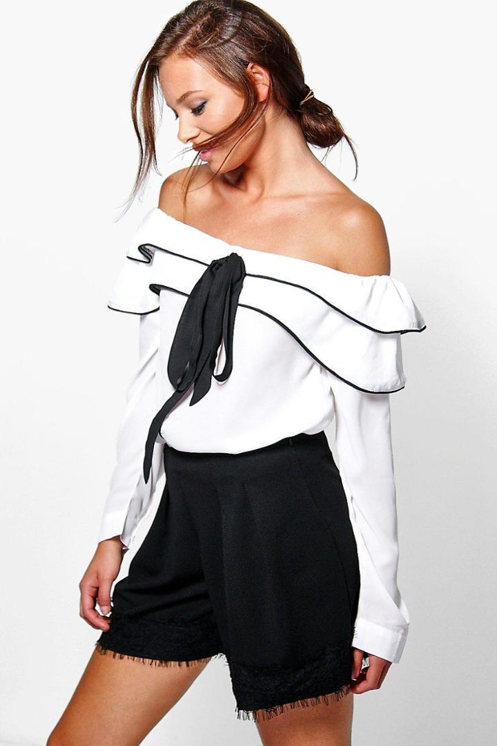Boohoo Annie Tie Front Ruffle Bardot Top White
