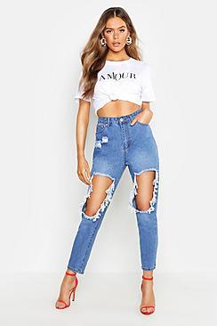 Boohoo High Rise Extreme Thigh Rip Mom Jean