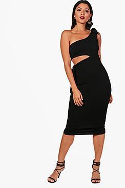 Boohoo One Shoulder Tie Detail Midi Dress