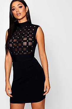 Boohoo Caged Stud Detail Bandage Bodycon Dress