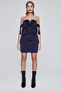 Boohoo Premium Fliss Bardot Tassle Trim Dress