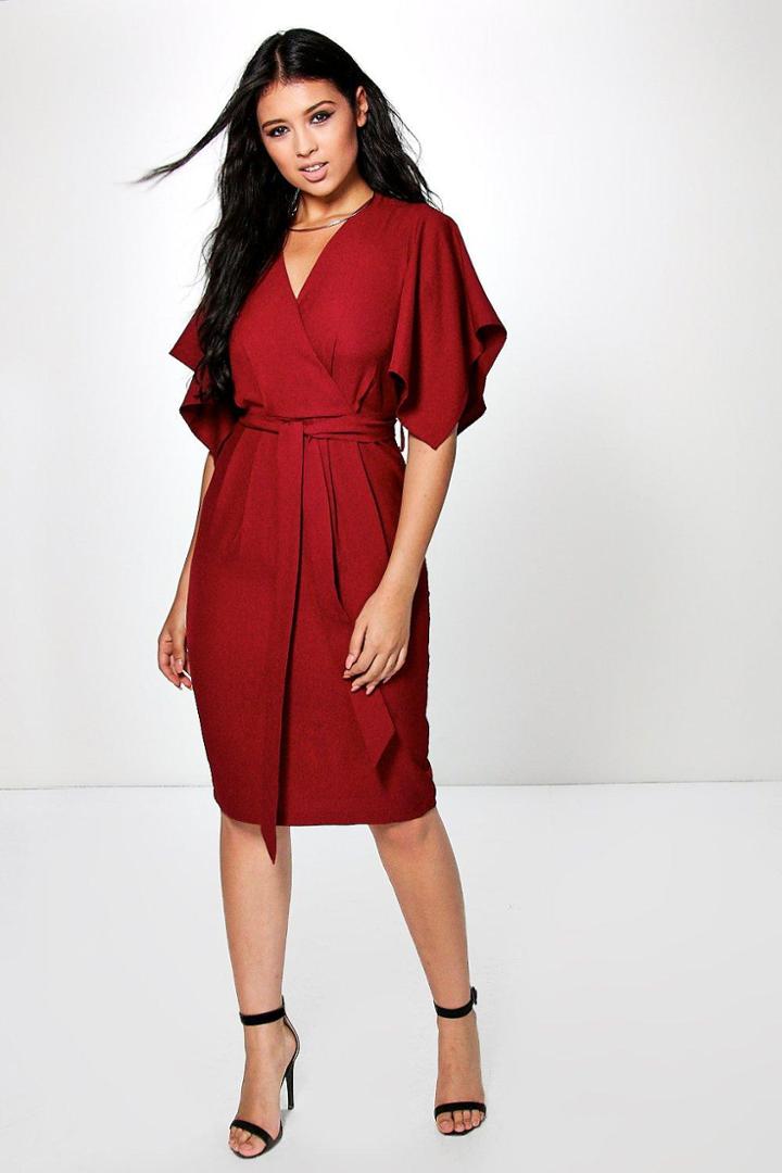 Boohoo Ava Woven Wrap Tie Dye Midi Dress Wine
