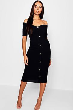 Boohoo Rib Off The Shoulder Button Midi Dress