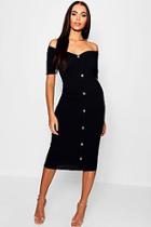 Boohoo Rib Off The Shoulder Button Midi Dress