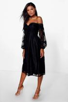 Boohoo Boutique Le Lace Bardot Long Sleeved Dress Black