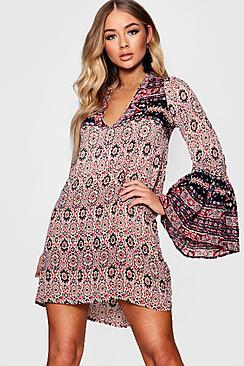 Boohoo Hanna Wide Sleeve Mixed Print Skater Dress