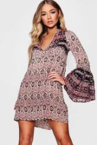 Boohoo Hanna Wide Sleeve Mixed Print Skater Dress