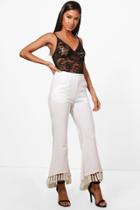 Boohoo Alessia Tassle Hem Flared Trousers Ivory