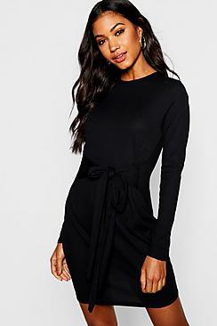 Boohoo Tie Front Rib Knit Mini Dress
