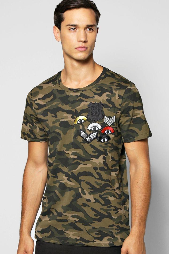 Boohoo Muscle Fit Camo Badge T Shirt Khaki