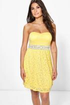 Boohoo Boutique Fran Lace Embellished Waist Dress Yellow