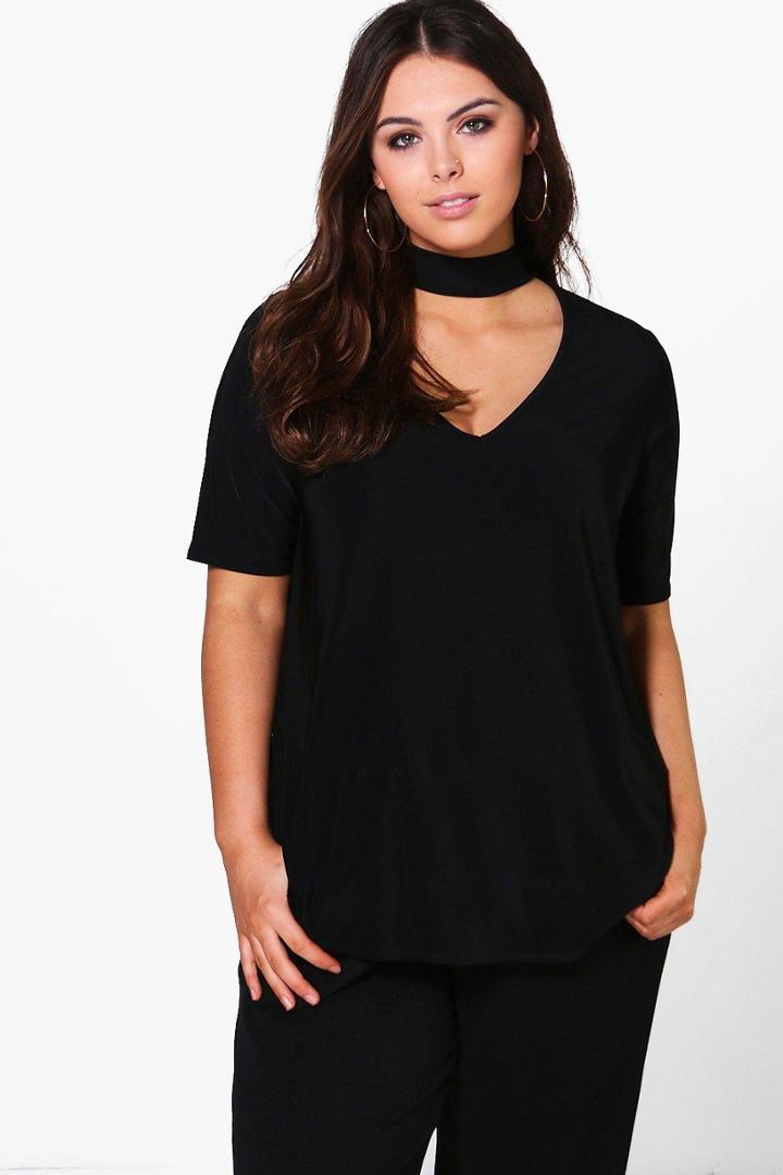Boohoo Plus Melody Slinky Open Neck Top Black