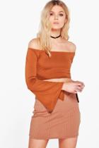 Boohoo Petite Tilly Off The Shoulder Split Cuff Crop Tan