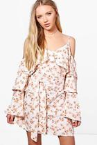 Boohoo Hollie Floral Frill Cold Shoulder Shift Dress