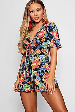 Boohoo Hawaiian Tripical Tie Front Playsuit