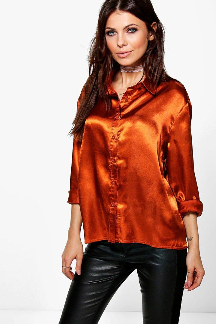 Boohoo Imogen Boxy Satin Shirt Rust