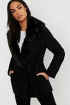 Boohoo Tall Faux Fur Collar Wool Look Coat