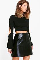 Boohoo Victoria Cut Out Fluted Sleeve Crop Black