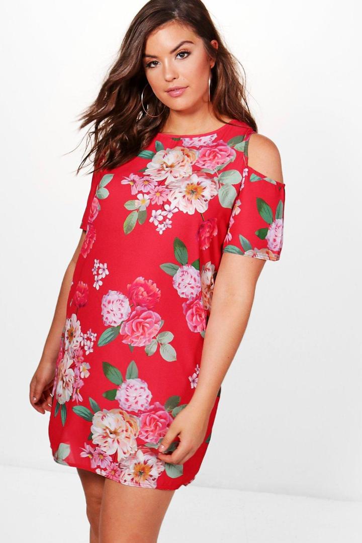 Boohoo Plus Erin Floral Open Shoulder Shift Dress Red