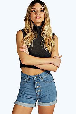 Boohoo Button Front Denim Mom Shorts