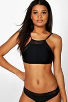 Boohoo Houston Mix And Match Mesh Insert Crop Bikini Top Black