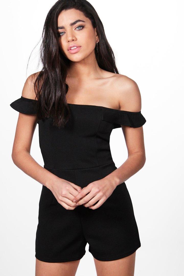 Boohoo Julia Off Shoulder Bardot Ruffle Playsuit Black