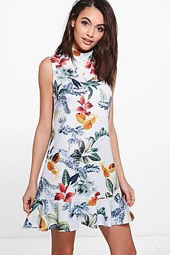 Boohoo Ellie High Neck Floral Frill Hem Sleeveless Shift Dress