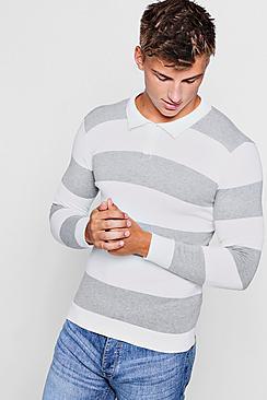 Boohoo Muscle Fit Long Sleeved Knitted Stripe Polo