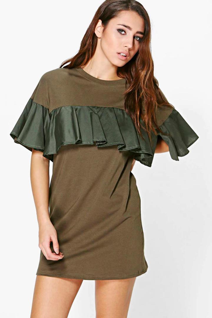 Boohoo Guinivere Frill Sleeved Shift Dress Khaki