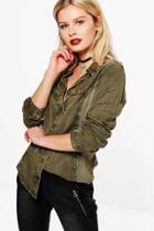 Boohoo Hannah Denim Wash Long Sleeve Shirt Khaki